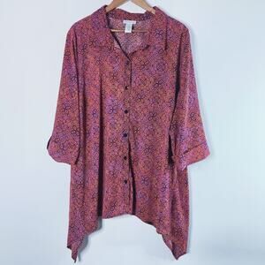 Catherines Fuchsia Demask Print Button Up Handkerchief Hem Blouse Size 3X 26/28